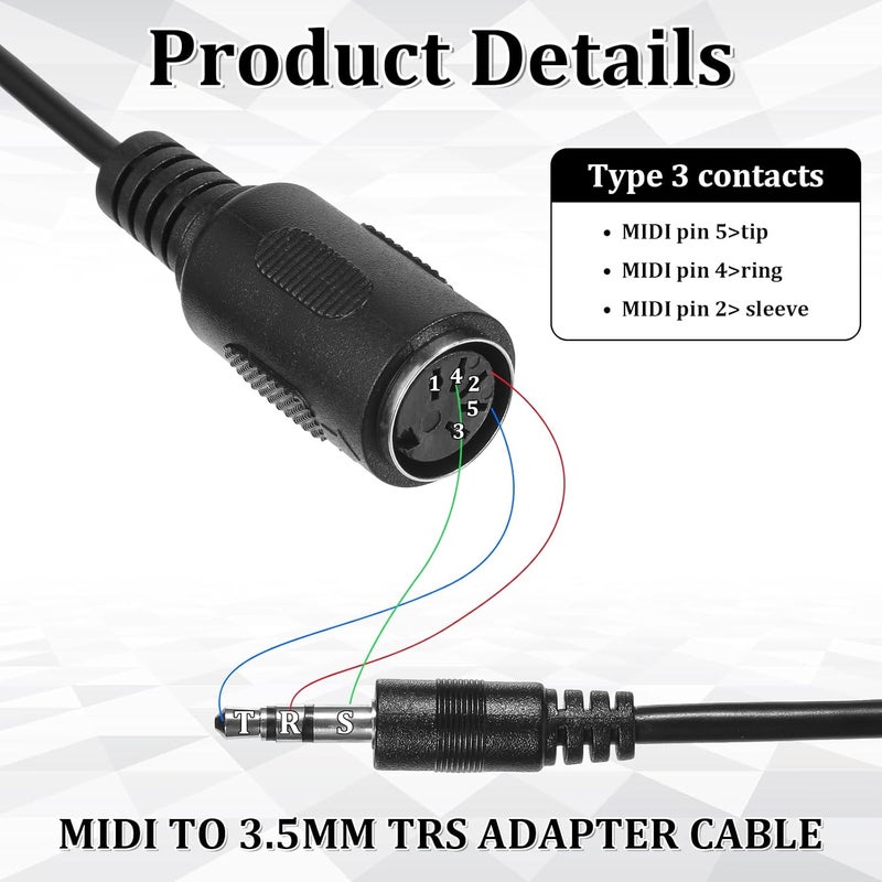 Eldraqth 2 Pack of Type-A MIDI to 3.5mm Adapter, 14" MIDI Female to TRS 3.5mm Male Breakout Cable Audio Converter BMIDI-5-35 Type A TRS Male 5-pin DIN Cable Ultra-Small Plugs for Keyboards Synths DAWs - Image 3
